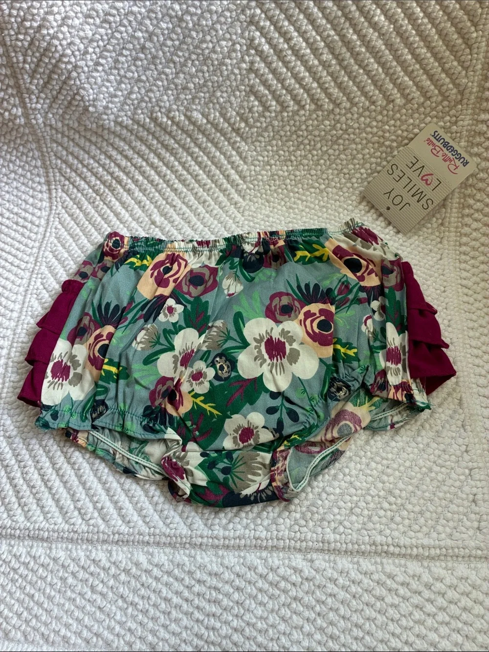 Ruffle Butt Secret Garden Floral Bloom Baby Bloomers with Navy Bow